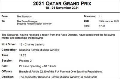 Шарль Леклер - Ferrari оштрафовали на 200 евро - f1news.ru - Катар