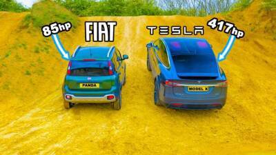 Tesla Model X и 85-сильный Fiat Panda Cross устроили очень странные соревнования на бездорожье: видео - auto.24tv.ua