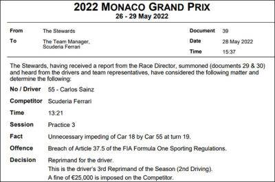 Сайнса предупредили, Ferrari оштрафовали - f1news.ru - Монако